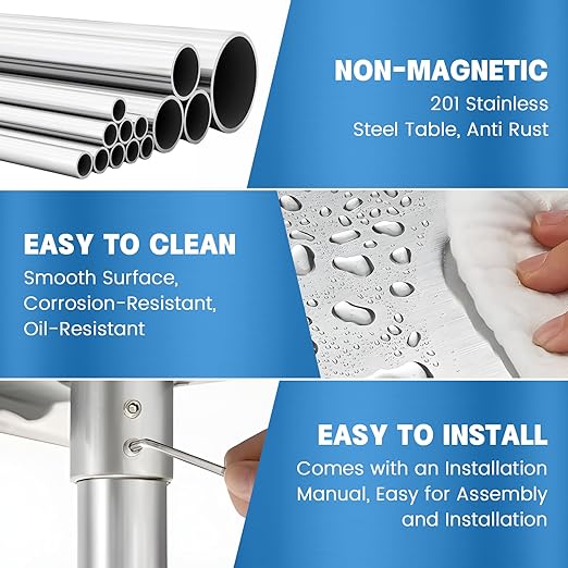 KUARBARR Stainless Steel Table for Prep & Work with Backsplash 24 x 36 Inches NSF Metal Commercial Kitchen Adjustable Under Shelf Worktable for Restaurant Home Outdoor