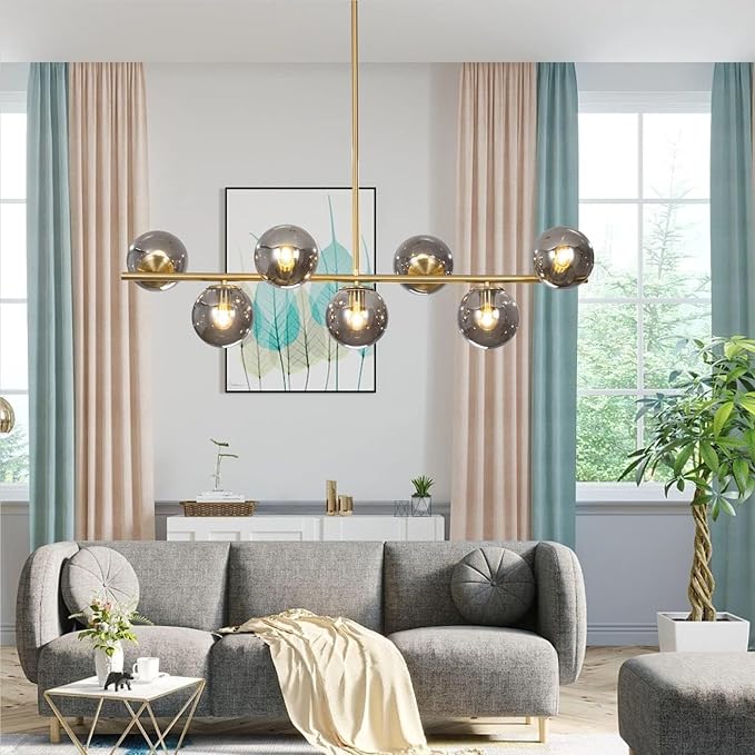 KCO Lighting Mid Century Modern Globe Sputnik Chandelier Gold Brass Linear Pendant Hanging Light Fixture 7-Light Smoke Glass Sphere Chandelier Kitchen Island Dining Room Chandelier