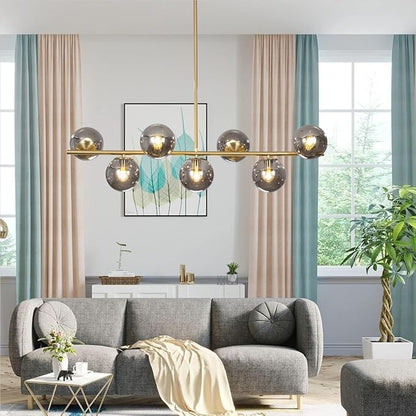KCO Lighting Mid Century Modern Globe Sputnik Chandelier Gold Brass Linear Pendant Hanging Light Fixture 7-Light Smoke Glass Sphere Chandelier Kitchen Island Dining Room Chandelier