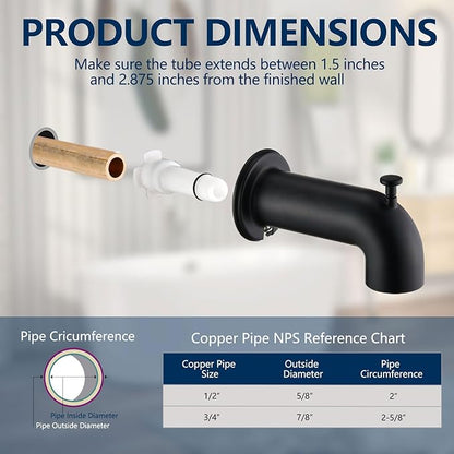 Slip-On Tub Spout with Diverter Long for Bathtub Spout, Fit for 1/2 Inch Slip Pipe, Matte Black