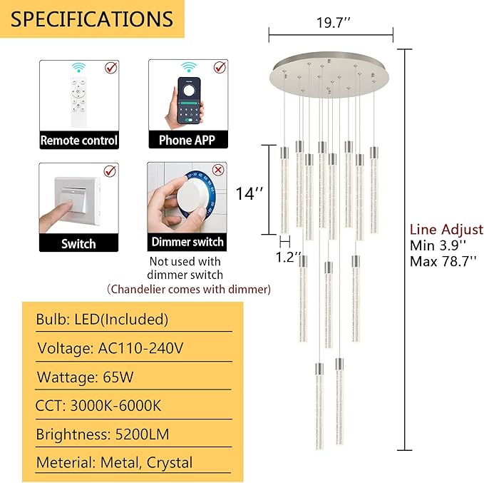 13-Light Long Large Modern Led Crystal Chandeliers Modern Spiral Chandeliers High Ceilings Chandelier for Staircase Foyer Chrome