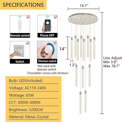 13-Light Long Large Modern Led Crystal Chandeliers Modern Spiral Chandeliers High Ceilings Chandelier for Staircase Foyer Chrome