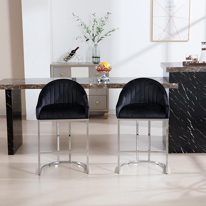 Bar Stools Set of 2, Simple Modern Style, with Velvet upholstered Back Sliver Metal Legs Footrest for Bar, Living Room, Side Chair of Kitchen Island (Black)
