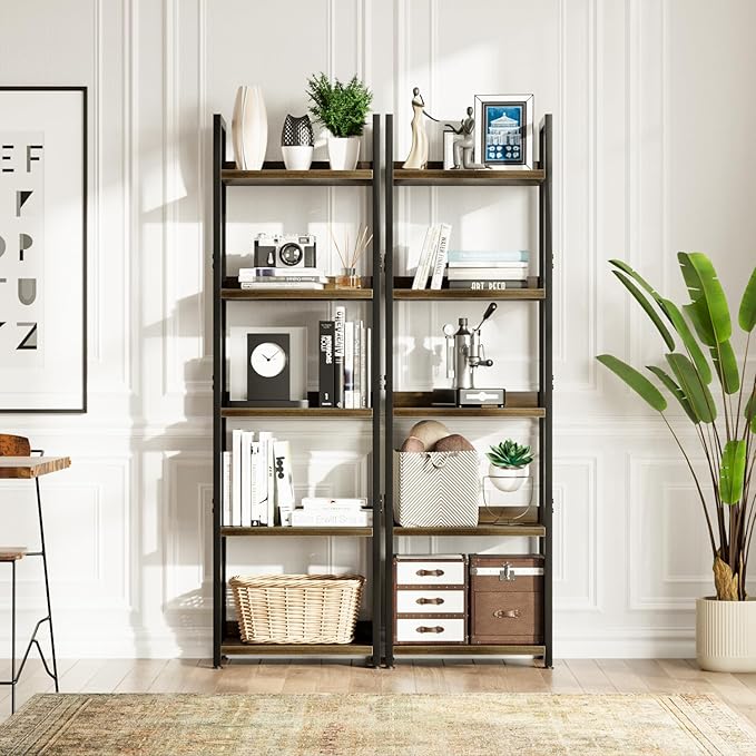 NUMENN Narrow Bookshelf, 5 Tier Bookshelves, Home Office Bookcase Shelf Storage Organizer, Free Standing Storage Shelving Unit for Bedroom, Living Room and Home Office, Dark Walnut