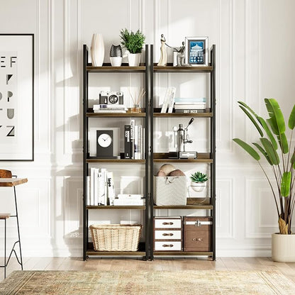 NUMENN Narrow Bookshelf, 5 Tier Bookshelves, Home Office Bookcase Shelf Storage Organizer, Free Standing Storage Shelving Unit for Bedroom, Living Room and Home Office, Dark Walnut