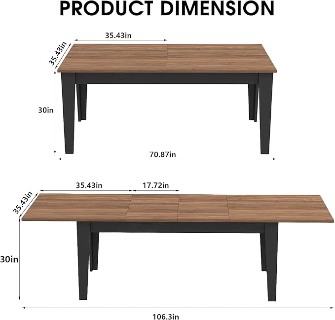 ODC 71" to 106" Extendable Dining Table, Expandable Large Kitchen Table Seats 6-10 People, Space-Saving Woodgrain Dining Room Table & Home Office Conference Desk, Walnut and Black