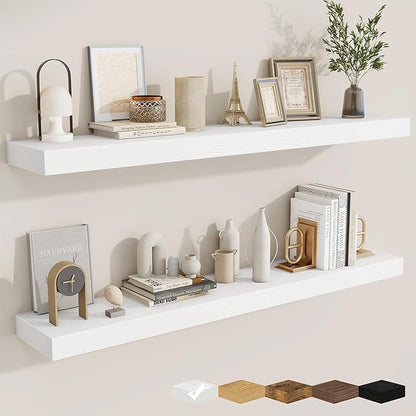 fuqing Floating Shelves for Wall, Wall Mounted Wood Floating Shelf with Invisible Brackets for Living Room, Bathroom, Bedroom, Kitchen Storage and Decor, 48 Inch Set of 2, White