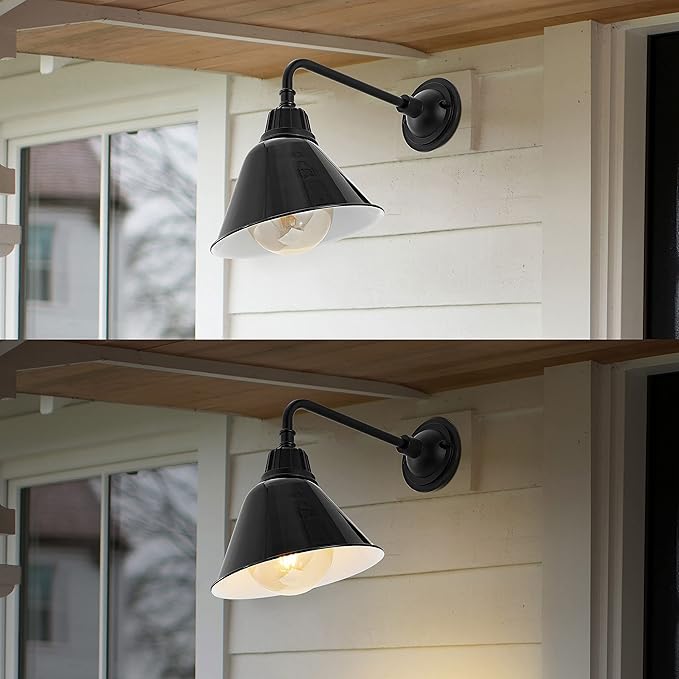 JONATHAN Y 9.63" Black 1-Light Farmhouse Outdoor Sconce, Industrial LED Wall Light, Gooseneck Arm Barn Lamp with Metal Bell Shade for Porch, Patio, Kitchen, LED Bulb Included (JYL7612B)