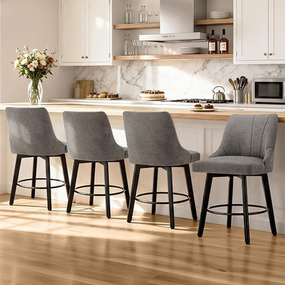 24" Counter Height Bar Stools Set of 2, Swivel Bar Stools with Backs, Fabric Upholstered Counter Barstools with Solid Wood Legs for Kitchen Island,Grey