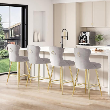 Bar Stools Set of 2, Velvet Counter Height Bar Stools with Metal Legs, Button Tufted and Nailheads Trim, Wing Back Bar Chairs for Kitchen Island Dining Room Pub, Gray