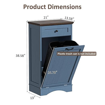 13 Gallons Tilt Out Trash Cabinet Freestanding Kitchen Trash Bin Cabinet Wood Garbage Recycling Cabinets with Hideaway Drawer Pet Proof Trash Can Holder for Kitchen Living Room, Blue