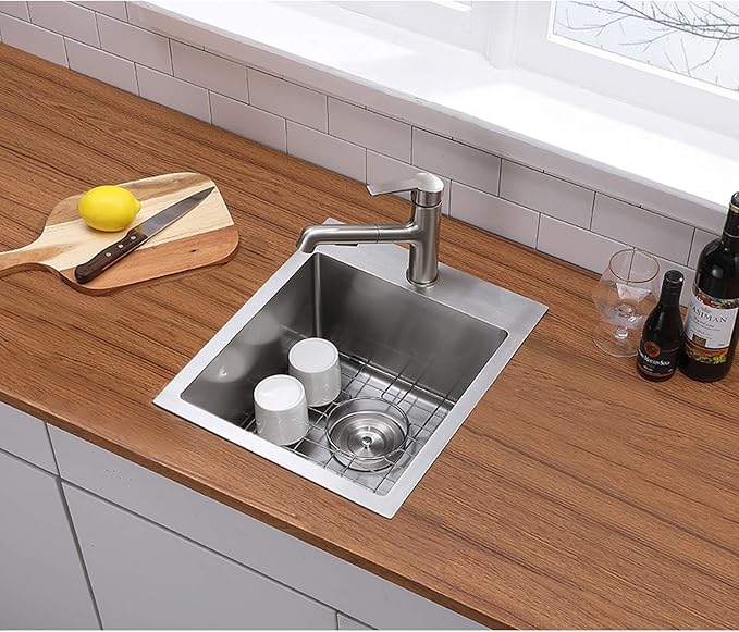 15x15 Inch Bar Sink Drop In, Topmount Kitchen Sink Stainless Steel Square Small Sinks, Single Bowl Kitchen Sinks for Laundry Wet Bar Prep RV Office Outdoor Yard with Grid & Drain