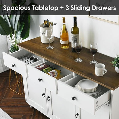 4 EVER WINNER Sideboard Buffet Cabinet with Storage, 47" Kitchen Sideboard with 3 Drawers and 3 Doors, Buffet Table for Kitchen, Modern Dining Room Cabinet, White