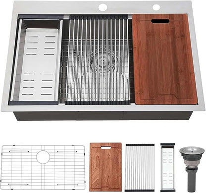 33x22 Drop in Kitchen Sink, SUS304 Stainless Steel Top Mount Workstation Sink, 16 Gauge Brushed Nickel Single Bowl Kitchen Sinks with Accessories for Kitchen Laundry Utility