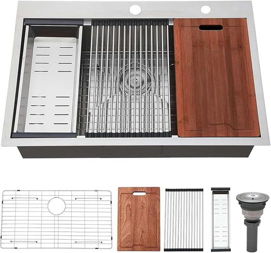 33x22 Drop in Kitchen Sink, SUS304 Stainless Steel Top Mount Workstation Sink, 16 Gauge Brushed Nickel Single Bowl Kitchen Sinks with Accessories for Kitchen Laundry Utility