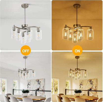 CNRATYE 6-Light Brushed Nickel Chandeliers for Dining Room Light Fixtures Over Table, Adjustable Height Hanging Industrial Pendant Lighting for Kitchen Island Bedroom, Clear Glass Shade