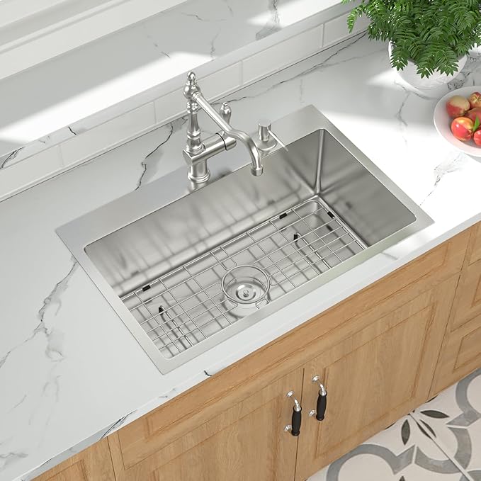 Mocoloo 28 Inch Drop In Kitchen Sink - 28 x 18 Stainless Steel Kitchen Sinks Topmount 16 Gauge Single Bowl Above Counter Handmade Sink, 10'' Deep Basin