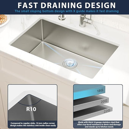 28 Inch Undermount Kitchen Sink Single Bowl 18 Guage Stainless Steel 28"x18"x9" Deep Under Counter Kitchen Sinks Basin R10 Round Corners Handmade Sink