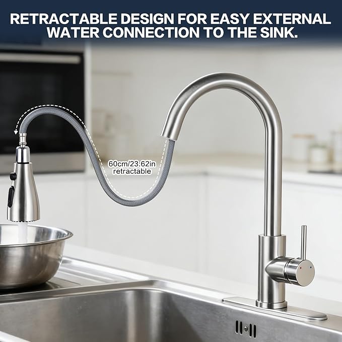 Kitchen Faucet with Pull Down Sprayer，Brushed Nickel, Kitchen Sink Faucet，High Arc Single Handle Classic Stainless Steel Sink Faucet，1 or 3 Hole,Suitable for Farmhouse Camper Laundry Rv Bar