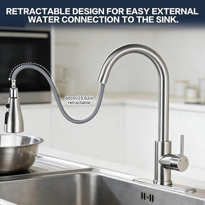 Kitchen Faucet with Pull Down Sprayer，Brushed Nickel, Kitchen Sink Faucet，High Arc Single Handle Classic Stainless Steel Sink Faucet，1 or 3 Hole,Suitable for Farmhouse Camper Laundry Rv Bar