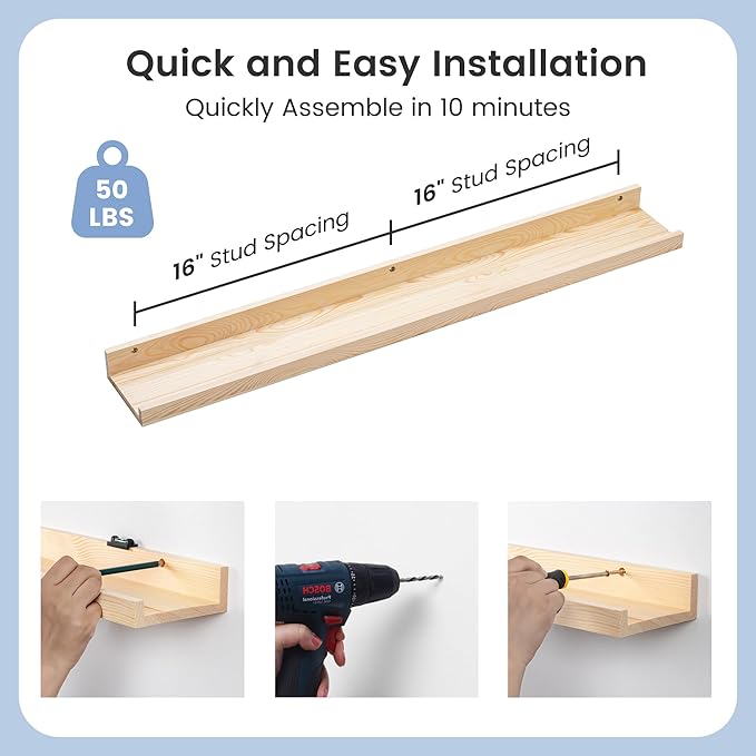 Picture Ledge Shelf for Wall, 36 inch Solid Pine Wood Nursery Book Shelves 2 Packs, Floating Ledge Shelves for Kids' Room Bedroom Bathroom Living Room Photo Frames Office Nursey Wall Decor, Natural