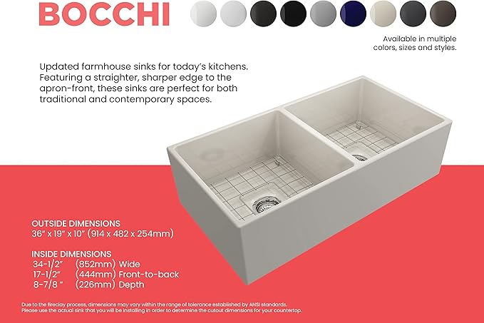 BOCCHI Contempo Farmhouse Apron Front Fireclay 36 in. Double Bowl Kitchen Sink with Protective Bottom Grid and Strainer in Biscuit