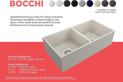 BOCCHI Contempo Farmhouse Apron Front Fireclay 36 in. Double Bowl Kitchen Sink with Protective Bottom Grid and Strainer in Biscuit