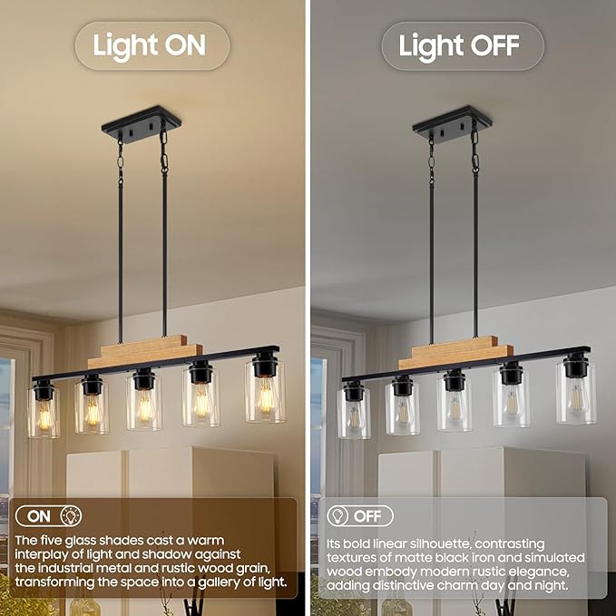 Dining Room Light Fixture/Chandeliers Over Table, 5-Light Modern Rustic Linear Pendant Lights Kitchen Island Lighting, Wood Ceiling Light Fixture Hanging with Clear Glass Shade, Matte Black