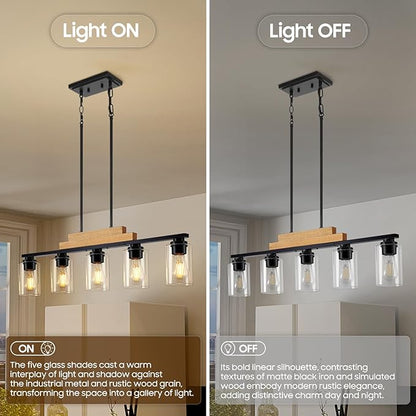 Dining Room Light Fixture/Chandeliers Over Table, 5-Light Modern Rustic Linear Pendant Lights Kitchen Island Lighting, Wood Ceiling Light Fixture Hanging with Clear Glass Shade, Matte Black