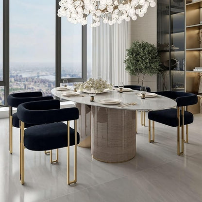Hyfirm Set of 4 Black and Gold Modern Dining Chairs, Velvet Upholstered Barrel Armchairs with Metal Legs for Kitchen Island, Mid Century Accent Chairs for Dining Room Living Room, Open-Back