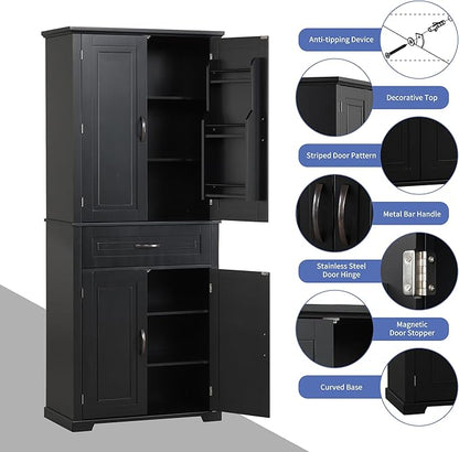 Storage Cabinet with 4 Doors and Drawers, 72.2" H Kitchen Cabinet with 6 Door Shelves, Kitchen Storage Cabinets with Adjustable Shelves for Living Room, Black