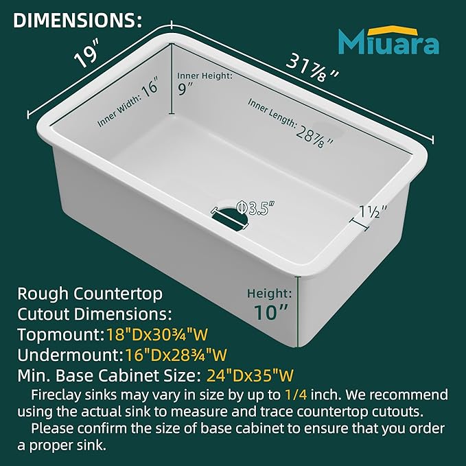 Miuara White Undermount Kitchen Sink 32 Inch - Large Topmount Fireclay Drop In Sink 32"x19"x10", Dual Mount Heavy Duty Deep Single Bowl, with 2 Custom Accessories, Glossy White, for Kitchen