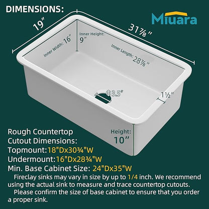 Miuara White Undermount Kitchen Sink 32 Inch - Large Topmount Fireclay Drop In Sink 32"x19"x10", Dual Mount Heavy Duty Deep Single Bowl, with 2 Custom Accessories, Glossy White, for Kitchen