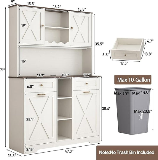 71" Tall 47"Wide Kitchen Pantry Storage Cabinet with Power Outlets,Farmhouse Kitchen Double Tilt Out Trash Cabinet 10X2 Gallon Garbage Holder with Two Drawers,Freestand Laundry Sort Cabinets(White)