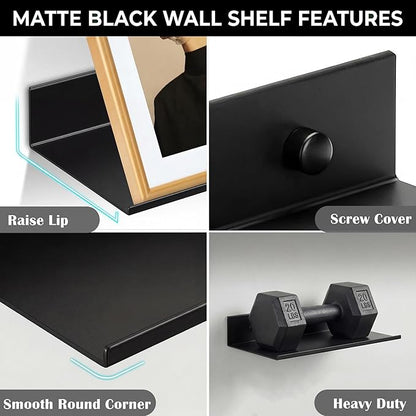 Z metnal Small Floating Shelves for Wall, 8-Inch Modern Aluminum Metal Display Shelf, Rustproof Minimalist Decor Wall Shelf for Bathroom, Bedroom & Office, No-Drill & Screw Mount, Matte Black, 2-Pack