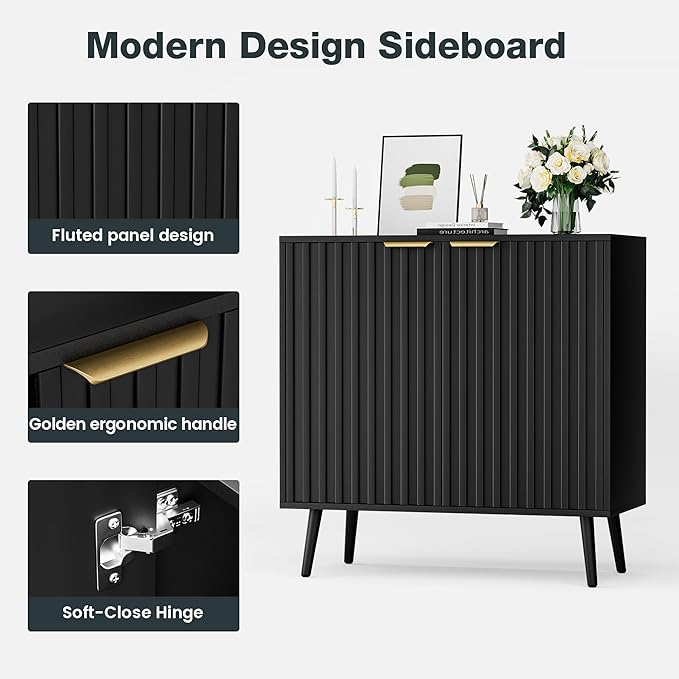Vrullu Modern Storage Cabinet, Black Sideboard and Buffet Storage, Wood Accent Cabinet for Living Room, Hallway, Entryway, Dining Room (1, Black+Gold)
