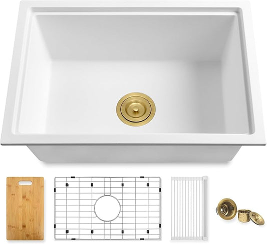 White Undermount Kitchen Sink 25 Inch - Drop In Granite Quartz Composite Workstation Sink - Deep Single Bowl,Dual Mount,with Accessories(White, 25.59" X 17.72")
