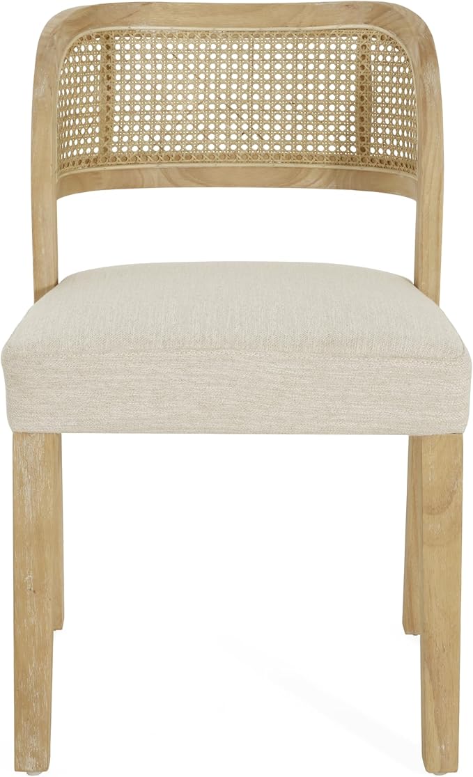 Christopher Knight Home Selwyn Dining Chairs Set of 2, Modern Dining Chair with Fabric Upholstery and Curved Back, Rubberwood Frame Kitchen Chairs with Cane Webbing, Accent Chairs, Beige+Natural