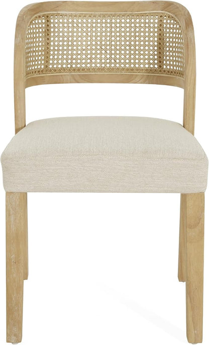 Christopher Knight Home Selwyn Dining Chairs Set of 2, Modern Dining Chair with Fabric Upholstery and Curved Back, Rubberwood Frame Kitchen Chairs with Cane Webbing, Accent Chairs, Beige+Natural