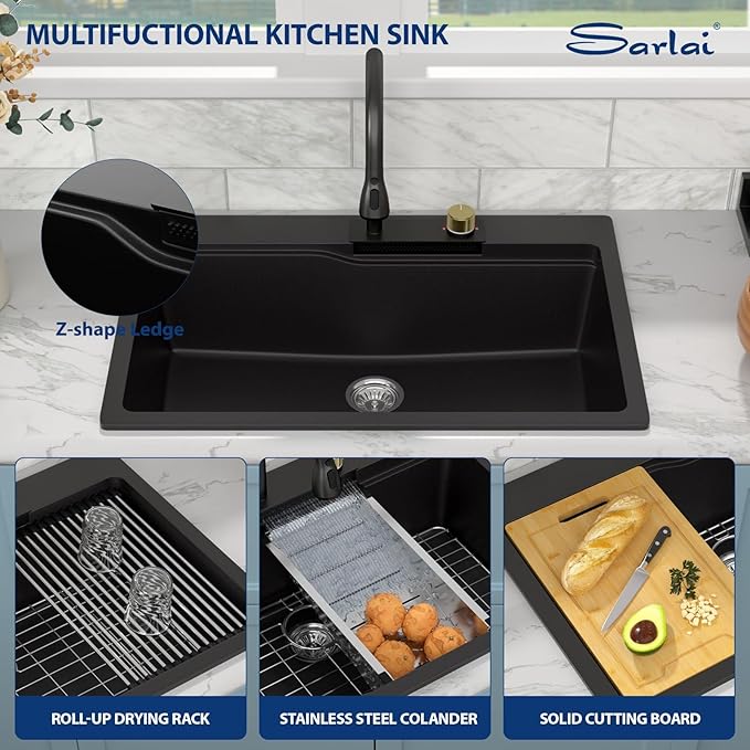 Sarlai Waterfall Kitchen Sink - 33 Inch Drop In Granite Composite Sink 33x22 Inch Topmount Workstation Sink Matte Black Kitchen Sinks Quartz Single Bowl Multifunction Sinks with Waterfall
