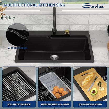 Sarlai Waterfall Kitchen Sink - 33 Inch Drop In Granite Composite Sink 33x22 Inch Topmount Workstation Sink Matte Black Kitchen Sinks Quartz Single Bowl Multifunction Sinks with Waterfall