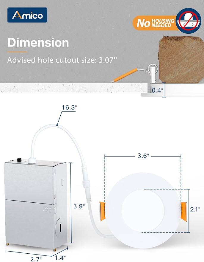 Amico 1 Pack 3 Inch 5CCT Ultra-Thin LED Recessed Ceiling Light with Junction Box, 2700K/3000K/3500K/4000K/5000K Selectable, 7W Eqv 60W, Dimmable Canless Wafer Downlight, 500LM High Brightness -ETL