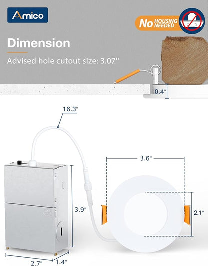 Amico 1 Pack 3 Inch 5CCT Ultra-Thin LED Recessed Ceiling Light with Junction Box, 2700K/3000K/3500K/4000K/5000K Selectable, 7W Eqv 60W, Dimmable Canless Wafer Downlight, 500LM High Brightness -ETL