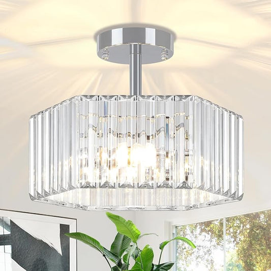TOULMJ Crystal Semi Flush Mount Ceiling Light, 3-Light Modern Close to Ceiling Light Fixtures, Chrome Hallway Light Fixtures Flush Mount Chandelier for Entryway Kitchen Bedroom Bathroom Laundry Room