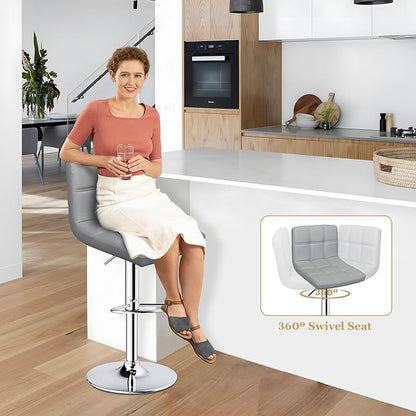 ERGOSEAT Bar Stools Set of 2,Armless Adjustable Swivel Barstools with Back,6-Squares Double Needle PU Leather Counter Height Bar Stools for Kitchen Island,Light Gray