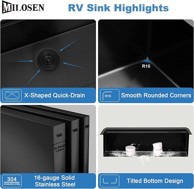 MILOSEN Black RV Kitchen Sink, 27''×16''×7'' 16 Gauge T304 Stainless Steel Drop-in/Undermount Black RV Sink, Single Bowl Sinks for Caravans/Campervans & Site Cabins, 7 inch Depth Outdoor Trailer Sinks