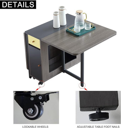 FUNROLUX Folding Dining Table with Storage Rack and 2 Drawers, Movable Kitchen Table Extendable Versatile Table Space Saving Foldable in 3 Forms (Grey)