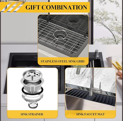 Black Kitchen Sink, Undermount Stainless Steel Bar Sink 30x18x9 Inch Drop In Single Bowl Kitchen Sink With Accessories-Sink Grid,Silicon Faucet Mat,Drain Assembly Set For Modern Kitchen Sink