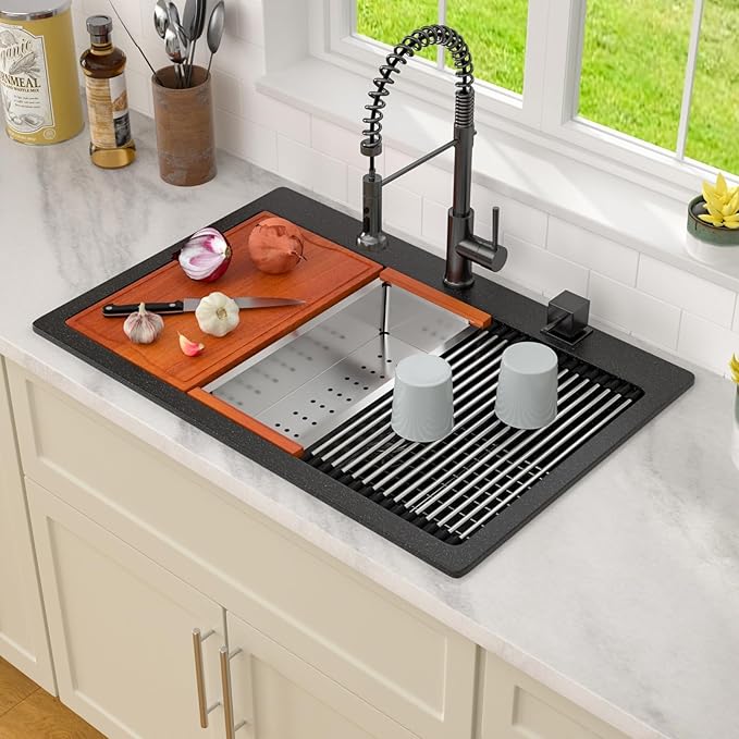 Dcolora 33 In. Drop In Granite Composite Kitchen Sink, Quartz Matte Black Single Bowl Topmount Workstation Sink, 33" X 22" X 10"#DC-0001GBT