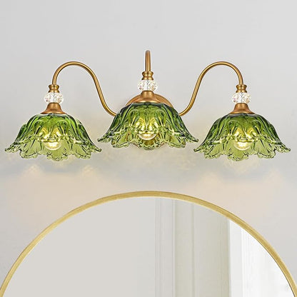Vintage Bathroom Vanity Light, 3-Light Matte Brass Finish Vanity Light with Floral Green Glass Shades, Retro Wall Sconce for Bathroom, Dressing Table